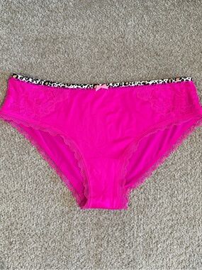 Hot Pink Lace-Trim Panty with Leopard Waistband